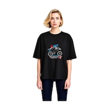 Paybuy Kadın Oversize Bisiklet Baskılı Tişört Vintage Stil Rahat Kesim K Siyah