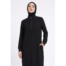 Armine Trend Yarım Fermuarlı Kolları Lastikli Çilek Kumaş Tunik Siyah 26yt462