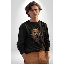 Renkli Sulu Boya Kurt Yapay Zeka Tasarımı Unisex Siyah Baskılı Sweatshirt Siyah