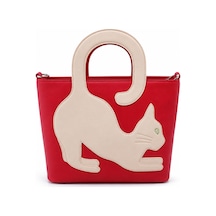 Levano Leather Hakiki Deri Kadın El Ve Omuz Çantası Kedi Figürlü Fermuarlı Çanta Kırmızı
