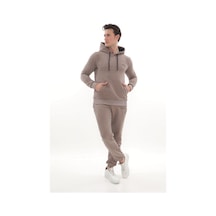 Kanguru Cepli Kapüşonlu 3 Iplik Kışlık Sweat Takım Bej