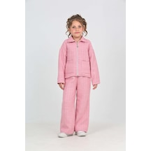 Toontoy Kids Toontoy Kız Çocuk 2'li Takım Gömlek Yaka Fermuarlı Cepli Sweatshirt & Beli Lastikli Bol Paça Eşofman Altı - Dokuma Şanel Tuvit Chanel Pembe