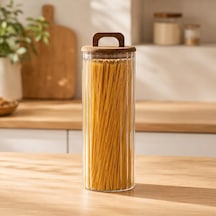 Akasya Kapaklı Cam Kavanoz 1550 Ml, Şeffaf Çizgili Cam Saklama Kavanozu, Ahşap Kulplu Kapaklı Mutfak Düzenleyici, Makarna Spagetti Bakliyat Kahve Kuruyemiş Kuru Gıda Saklama Kabı Çok Renkli