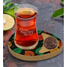 Kişiye Özel Yapraklar Tasarımlı Doğal Ahşap Tabaklı Heybeli Çay Bardağı Sunum Seti Model 7 Çok Renkli