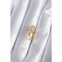Pirinç Gold Renk Zirkon Taşlı Kalp Charm Model Kadın Yüzük Altın - Beyaz 11396389