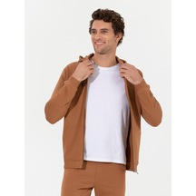 Camel %100 Pamuk Tam Fermuarlı Kapüşonlu Sweatshirt Kahverengi