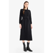 DeFacto Bisiklet Yaka Basic Düz Selanik Kumaş Midi Elbise F4154AX25SPBK81