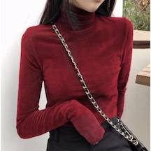 Şarap Kırmızısı Uzun Kollu Günlük Tişört Gömlek Kadın Üstleri İlkbahar Sonbahar Kadın Vintage Elastik Turtleneck Alt Gömlek Kırmızı