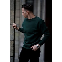 Mavona Oversize Bisiklet Yaka Nefti Yeşil Erkek Sweatshirt Premium 3 İplik Şardonlu - %85 Pamuk %15 Likra