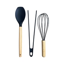 Büyük Boy Silikon Set, Düz Spatula, Maşa, Ahşap Çırpıcı Seti 3 Adet, Antrasit Çok Renkli
