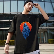Flood Of Style Erkek Siyah Kurt Baskılı Oversize Biziklet Yaka Tişört