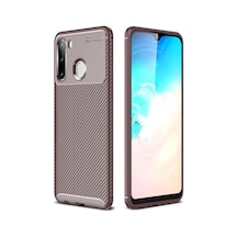 Samsung Galaxy A21 Kılıf Auto Focus Karbon Kapak - Kahverengi