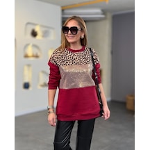 Leyla Sanat Sanata Yeni Bir Bakış Açısı Kadın Üç Iplik Şardonlu Kumaş Leopar Desenli Bluz Bordo