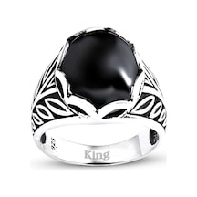 Kuyumcudukkanı Düz Oval Kubbe Kesim Taşlı Gümüş Erkek Yüzük-60007-w-blk 25 Beyaz