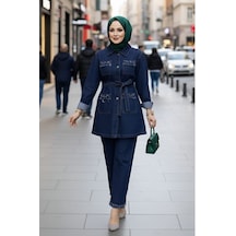 Hb Harma Time Butik Kadın Taş Detaylıtunik Ve Pantolon Koyu Kot Mavi İkili Takım Koyu Mavi Koyu Mavi