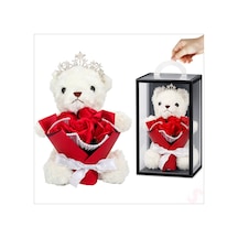 Pvc Kutulu,pelüş Ayıcıklı Ve Metal Taçlı Çiçek Buketi 28cmx18cm Renkli