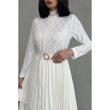 Dipmoda Kadın Krep Kumaş Dantel Detaylı Kemerli Uzun Elbise Dpms2525 Beyaz