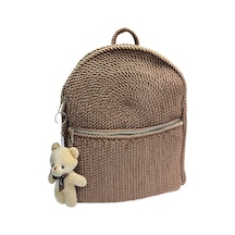 571 Collections Örgü Dokuma Mini Sırt Çantası, Taba Kahverengi, Ayıcık Charm Detaylı, Fermuarlı Açık Altın