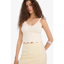 Defacto Slim Fit Dar Kesim V Yaka Örgü Triko Atlet A8433ax25smer105 Ekru