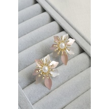 Kadın Küpe Kararmaz 14k Renk Vip Seri Pastel İnci Çiçek 3cm Küpe Altın