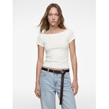 Koton Pamuklu Kısa Kollu Kayık Yaka Slim Fit Tişört Ekru 6sal10650ık