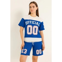 Kadın Şortlu Takım - Oversize İki İplik Kumaş, Ön & Arka Dijital Baskılı Tişört Ve Lastikli Cepli Şort, Yazlık Günlük Spor Set - Mavi Siyah