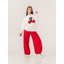 Kız Çocuk Kedi Baskılı Tasarım 2 İplik Sweatshirt-14214 Ekru