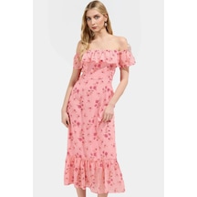 Ersefa A Line Şifon Midi Elbise Kısa Kollu Çiçekli Desen Carmen Yaka Rah Pembe