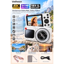 4k Dijital Fotoğraf Makinesi 18x Dijital Zoom 64 Mp Ön Ve Arka Ekranlı Kompakt Kamera Beyaz 1