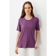 Kadın Sıfır Yaka Basic Penye T-shirt Lila Lila