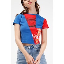 Brz Collection Kontrast Renkli Baskılı Kısa Kollu Crop Kadın T-Sh Çok Renkli