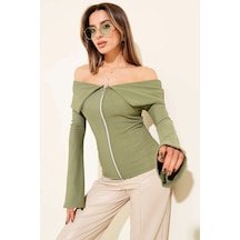 Omzu Açık Fermuarlı Bluz Haki T4330 Haki