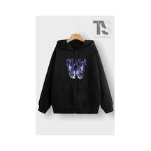 Tarzsokak Mor Kelebek Yazılı Sweatshirt Fermuarlı Hırka Siyah
