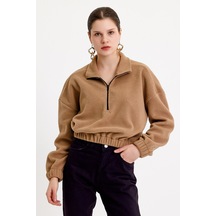 JAHR MARC Bej Crop Fit Kadın Peluş Sweatshirt