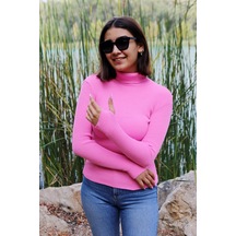 İpli Pembe Renk Balıkçı Yaka Parmak Detaylı Kadın Kazak Pembe