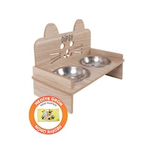 Gobypet Ahşap Özel İsim Baskılı Kulaklı Kedi Mama Su Kabı Standı