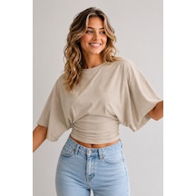 Overmax Bele Oturan Oversize Kollu Premium Crop Bluz Bej - 880759104 Bej