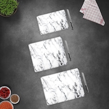 Decorita Cam Kesme Tahtası | Beyaz Mermer Görünümlü | 3'lü Takım