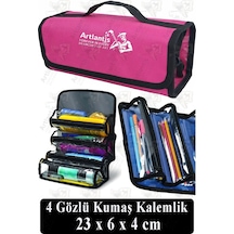 4 Gözlü Kalem Çantası 1 Adet Dört Bölümlü Kalemlik Sanatsal Şeffaf Bölmeli Kulplu Taşınabilir Kumaş Kalemlik Pembe