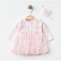 Işıl Baby Dantelli Çiçek Aplikeli Kız Bebek Body Takım Taçlı Pembe