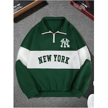Altamira Unisex Yeşil New York Baskılı Oversize Parçalı Polo Yaka Fermuarlı Sweatshirt 001