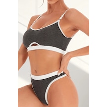 Ang Butik Kadın Gri Antrasit Kaşkorse Ve Beyaz Lastikli Cut-out Tanga Külotlu Takım Antrasit Gri