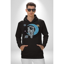 Astronot Uzayda Sıkılmış Kadın Erkek Siyah Kapüşonlu Sweatshirt Hoodie Siyah