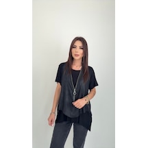Efnaz Style Kadın Kısa Kollu Yuvarlak Yaka Viskon Bluz + Kolsuz Fermuarlı Çatlak Deri Yelek Siyah