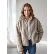 Nealirsanall.com Kadın Dik Yaka Fermuarlı Cepli Kısa Teddy Polar Ceket Bej