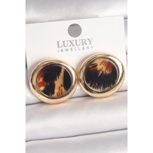 Pirinç Gold Renk Leopar Desen Daire Model Kadın Küpe Altın - Çok Renkli