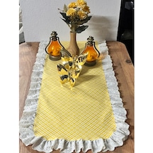 Vintage Fisto Fırfırlı Duck Keten Çiçek Desenli Oval Runner 40 X 110 Cm Sarı - Krem
