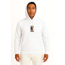 Bahriyeli Collection Kapüşonlu Kaptan Mağara Adamı Göğüs Baskılı Unisex Sweatshirt Beyaz