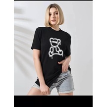 Assema Kadın Bisiklet Yaka Baskılı Kısa Kol T-shirt - Siyah Çok Renkli