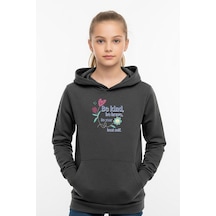 Kanguru Cepli Kapüşonlu Kız Çocuk Sweatshirt Be Kind Yazı Baskılı Füme